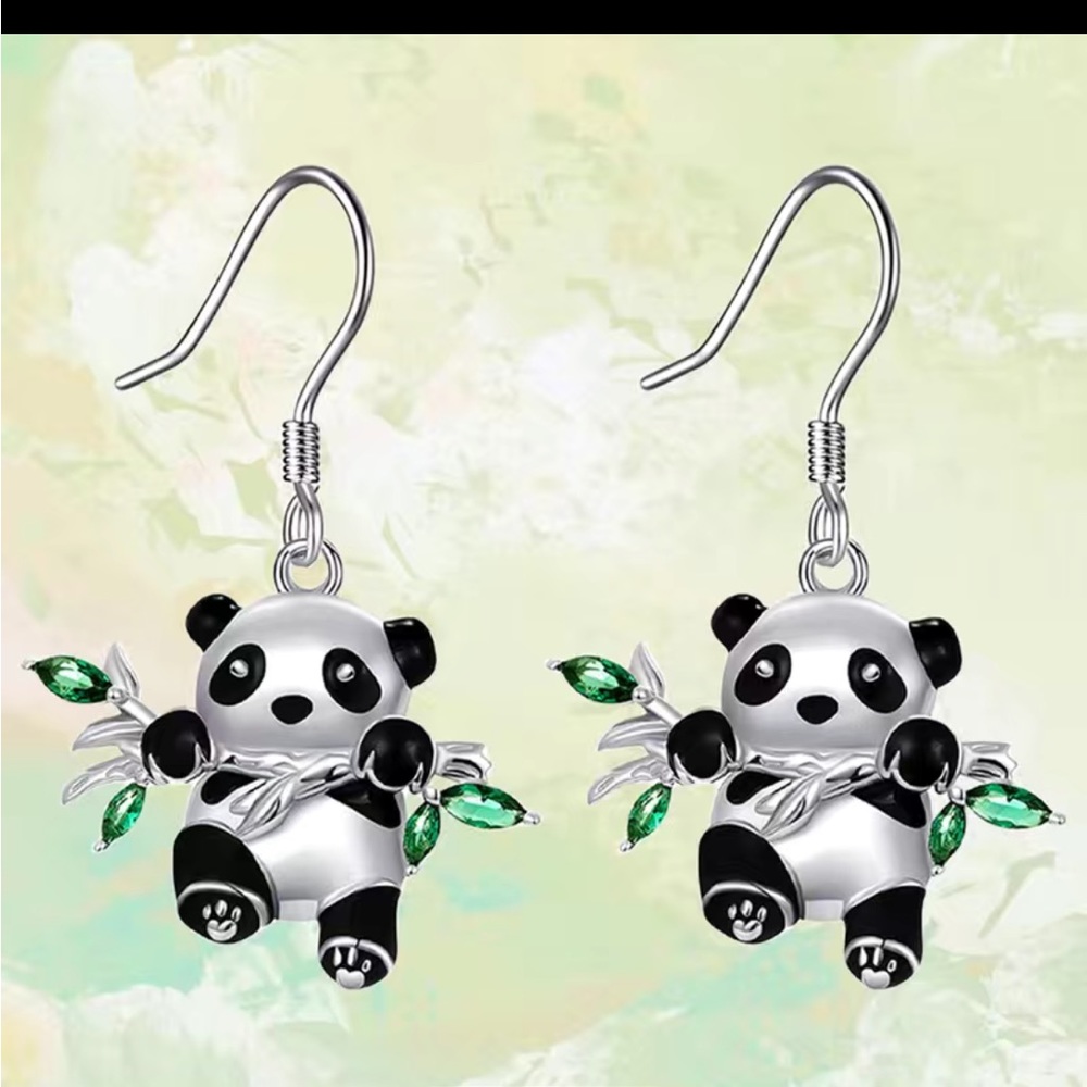 Panda bear with bamboo branch dangle earrings- zinc alloy - Picture 1 of 1